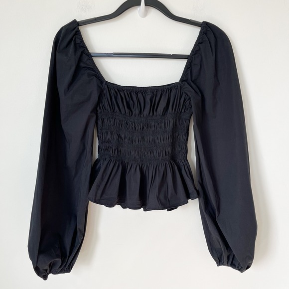 Staud Jules Puff Sleeve Peplum Smocked Top Womens Small Black - Picture 5 of 11